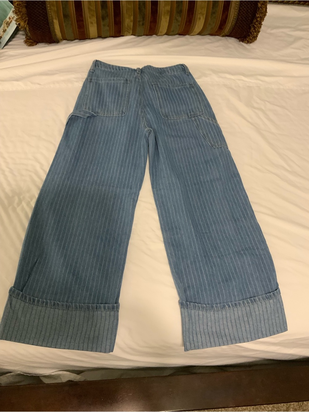 Striped Light Blue Cropped Wide-Leg Jeans